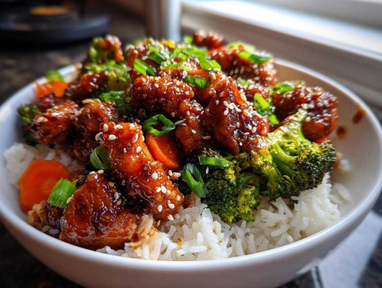 Close-up of a Honey Soy Chicken Bowl Quick Dinner Idea featuring glazed chicken pieces, bright green broccoli, and white rice, topped with sesame seeds.