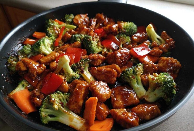 Close-up of glistening Honey Soy Chicken Skillet with Veggies including broccoli, carrots, and red peppers in a dark pan.