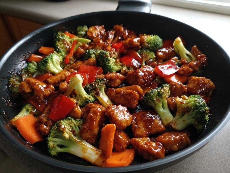 Close-up of glistening Honey Soy Chicken Skillet with Veggies including broccoli, carrots, and red peppers in a dark pan.