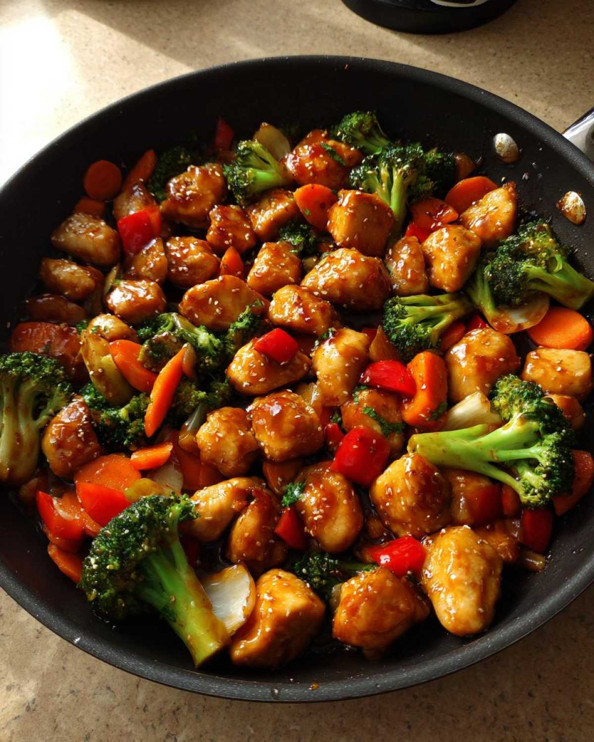 Close-up of Honey Soy Chicken Skillet with Veggies, featuring glazed chicken pieces, broccoli, carrots, and peppers in a black pan.