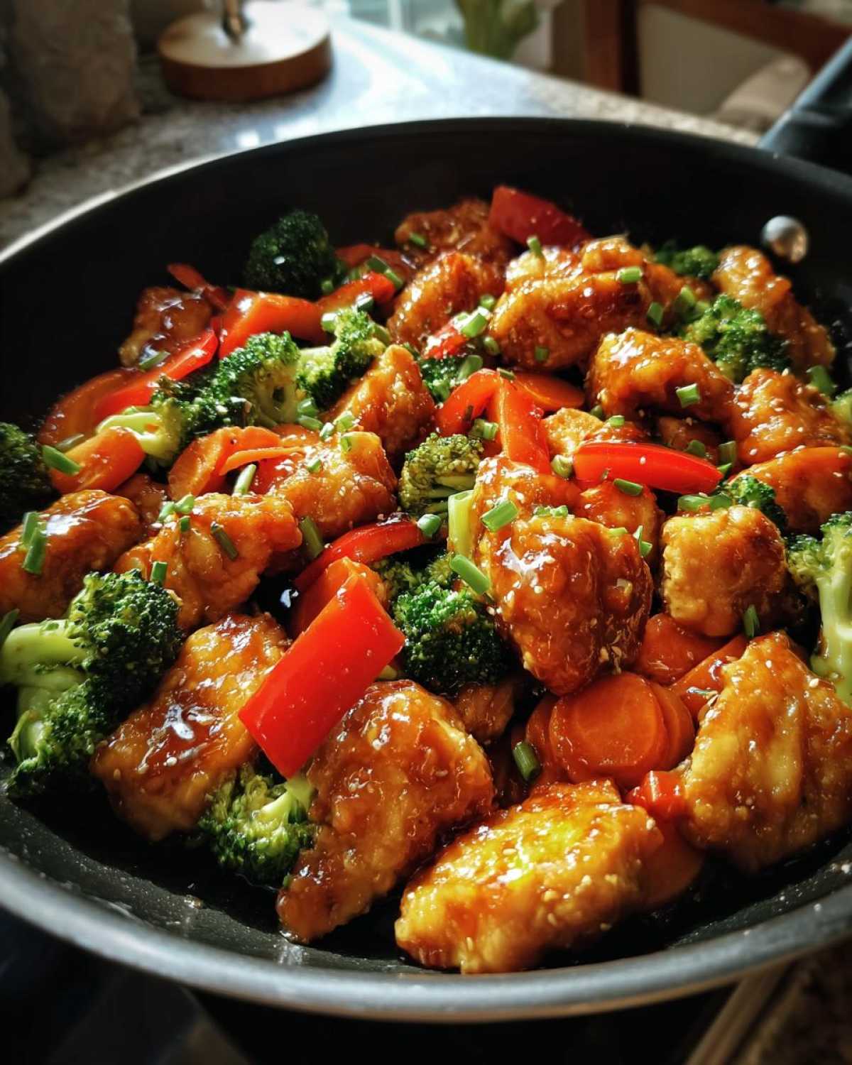 Close-up of Honey Soy Chicken Skillet with Veggies, featuring glazed chicken pieces, broccoli, and red peppers.