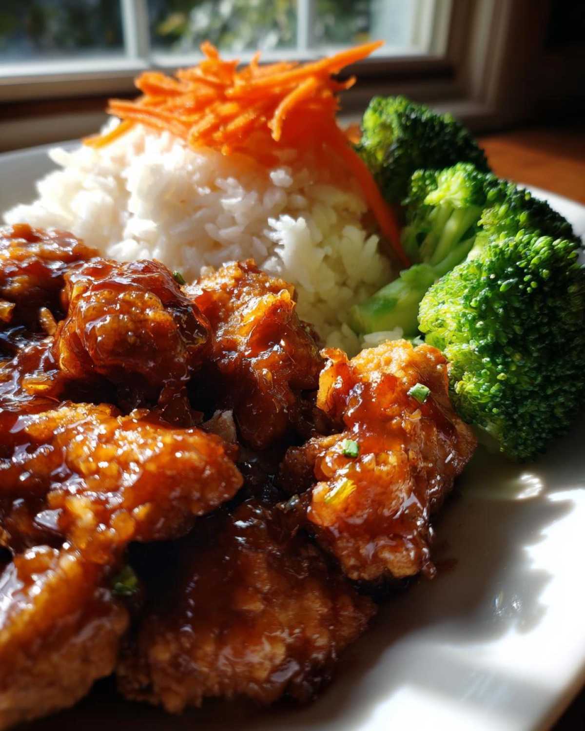 Close-up of a Honey Sriracha Chicken Bowl featuring glazed chicken pieces, white rice, steamed broccoli, and shredded carrots.
