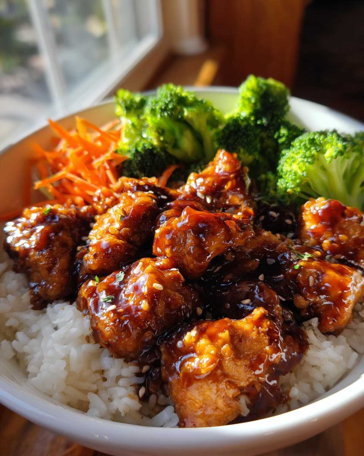 Close-up of a Honey Sriracha Chicken Bowl featuring glazed chicken pieces over white rice, served with steamed broccoli and shredded carrots.