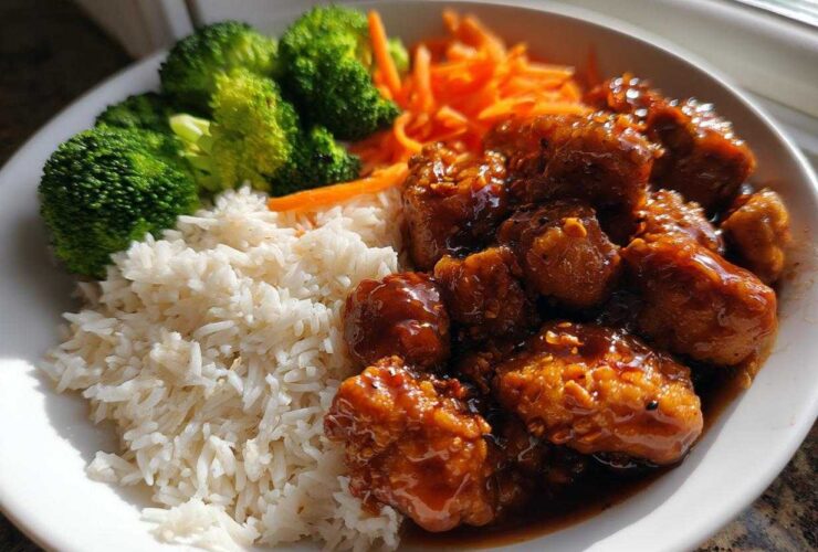 A close-up of a Honey Sriracha Chicken Bowl featuring glazed chicken pieces, white rice, steamed broccoli, and shredded carrots.