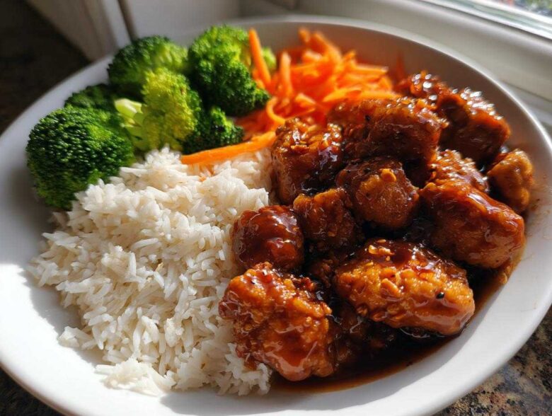 A close-up of a Honey Sriracha Chicken Bowl featuring glazed chicken pieces, white rice, steamed broccoli, and shredded carrots.