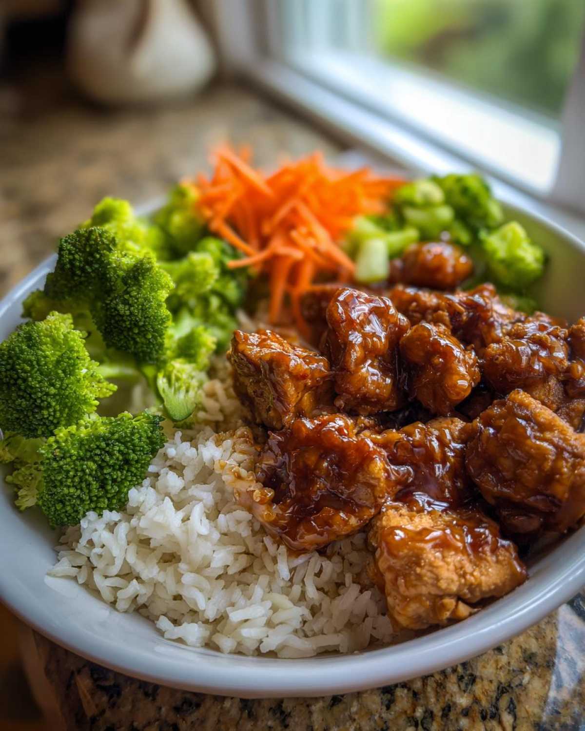 A close-up of a Honey Sriracha Chicken Bowl featuring glazed chicken pieces over white rice with steamed broccoli and shredded carrots.