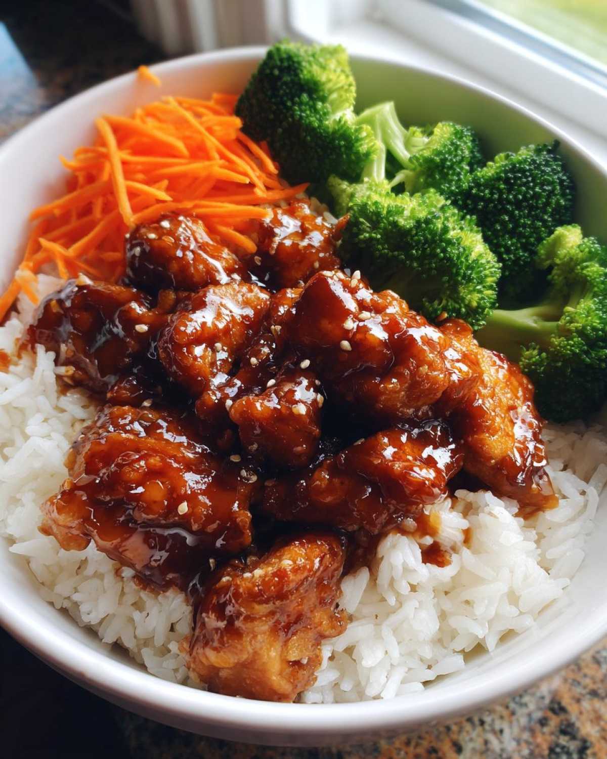 Close-up of a Honey Sriracha Chicken Bowl featuring glazed chicken pieces over white rice, served with steamed broccoli and shredded carrots.