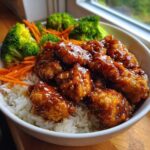 A close-up of a Honey Sriracha Chicken Bowl featuring crispy chicken pieces coated in a glossy sauce over white rice with steamed broccoli and shredded carrots.