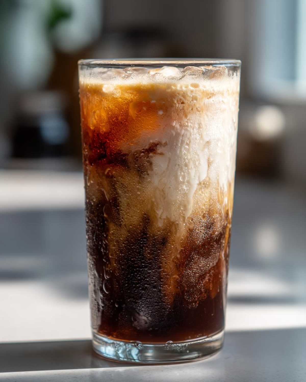 Close-up of a tall glass filled with a cold Iced Vanilla Chai Latte, showing dark chai mixing with creamy white milk and ice.