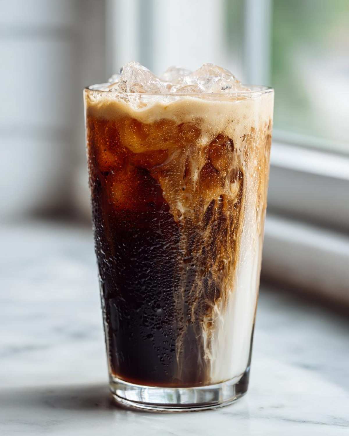 A tall glass showing the layers of an Iced Vanilla Chai Latte, with dark tea mixing with creamy milk and topped with ice.