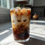 Close-up of a tall glass filled with Iced Vanilla Chai Latte showing ice cubes and cream swirling into the dark chai concentrate.