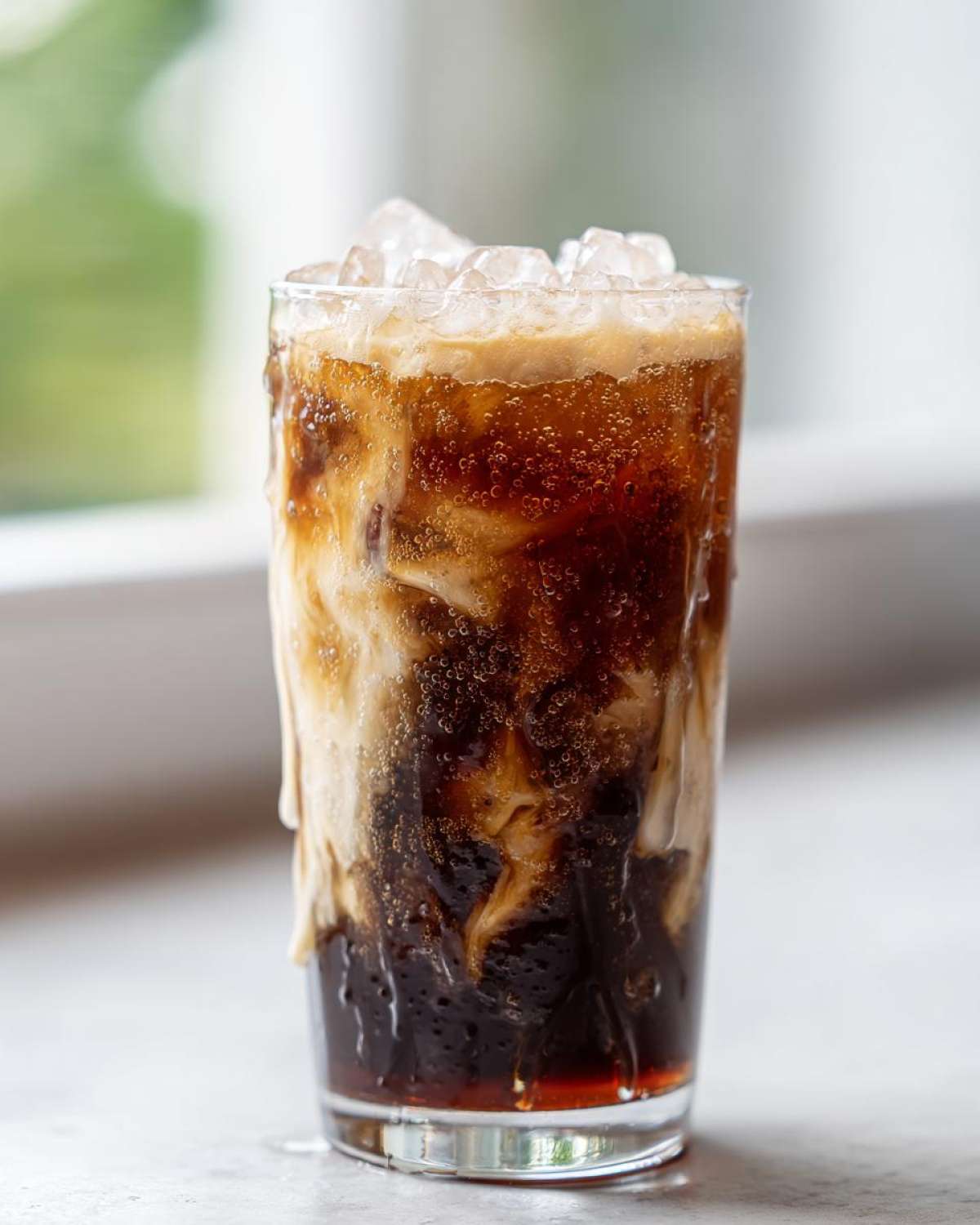 Close-up of a tall glass filled with an Iced Vanilla Chai Latte, showing dark chai mixing with creamy swirls and topped with crushed ice.