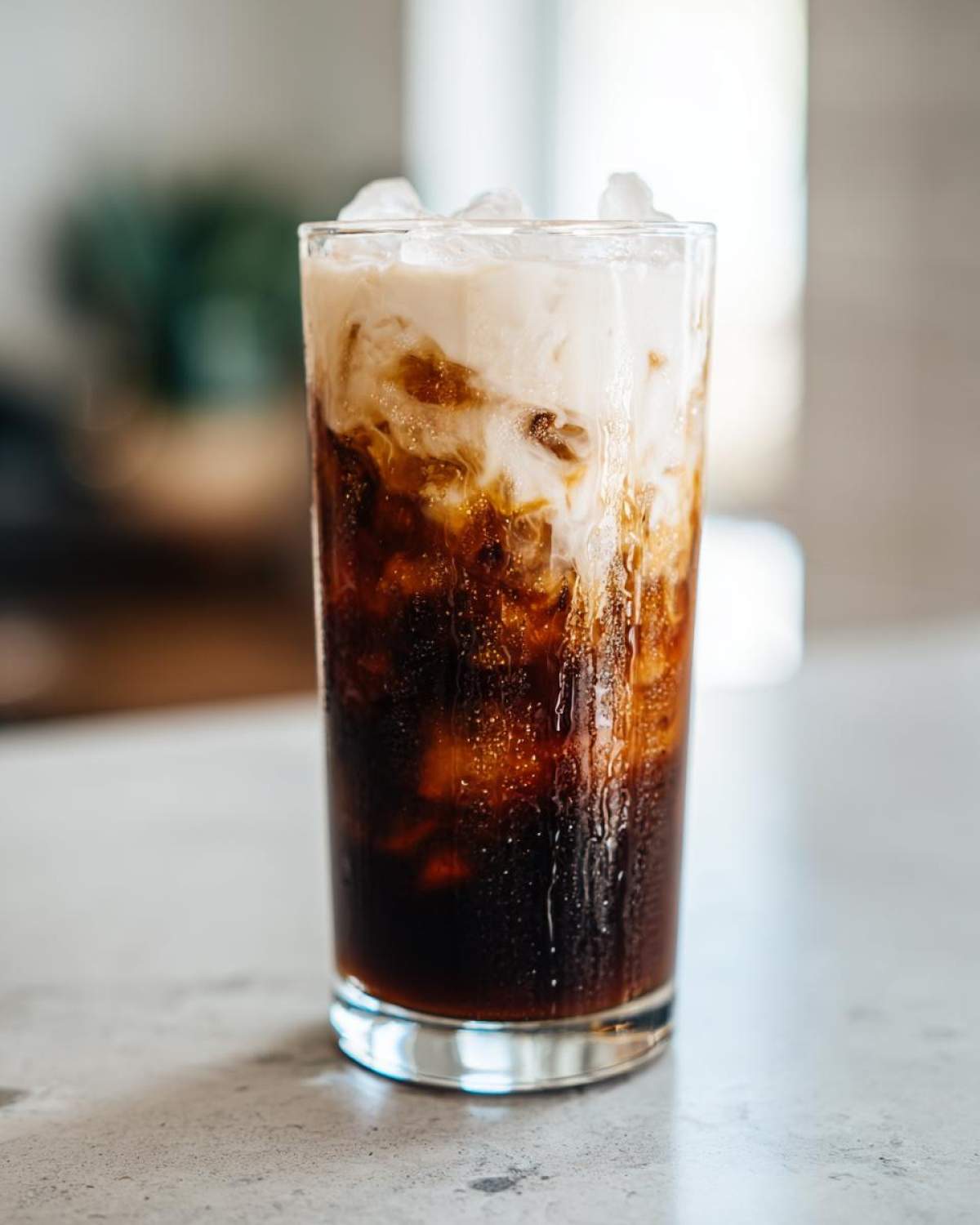 Close-up of a tall glass filled with an Iced Vanilla Chai Latte, showing dark tea swirling into white cream and ice cubes.