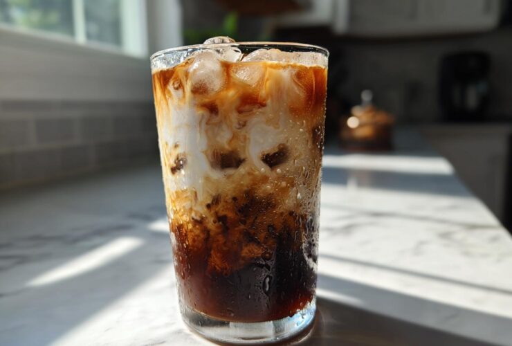 Close-up of a tall glass filled with Iced Vanilla Chai Latte showing ice cubes and cream swirling into the dark chai concentrate.
