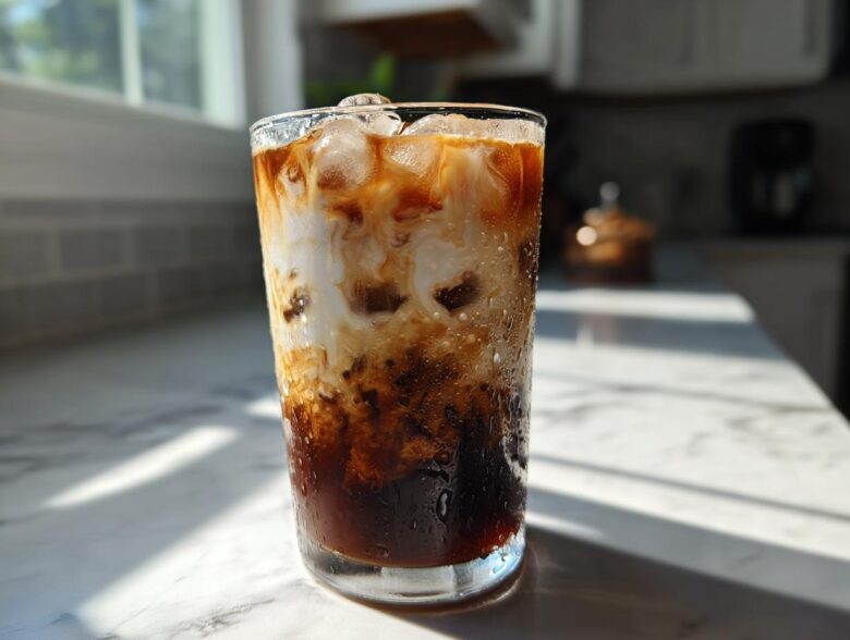 Close-up of a tall glass filled with Iced Vanilla Chai Latte showing ice cubes and cream swirling into the dark chai concentrate.