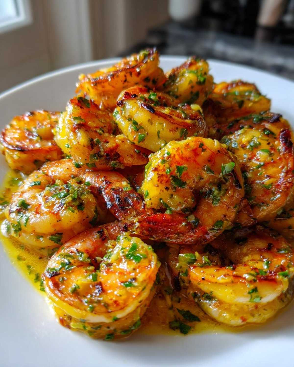 Close-up of perfectly cooked Lemon Butter Shrimp with Garlic Flavor, glistening in sauce and topped with fresh parsley.
