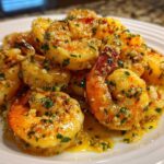 A close-up of cooked shrimp coated in a glossy sauce featuring minced garlic and parsley, representing Lemon Butter Shrimp with Garlic Flavor.