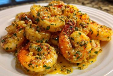 A close-up of cooked shrimp coated in a glossy sauce featuring minced garlic and parsley, representing Lemon Butter Shrimp with Garlic Flavor.
