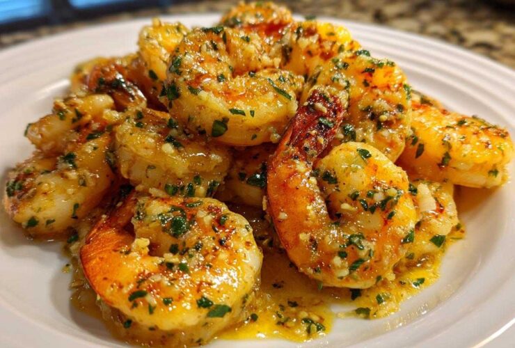 A close-up of cooked shrimp coated in a glossy sauce featuring minced garlic and parsley, representing Lemon Butter Shrimp with Garlic Flavor.