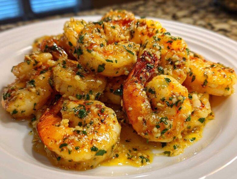 A close-up of cooked shrimp coated in a glossy sauce featuring minced garlic and parsley, representing Lemon Butter Shrimp with Garlic Flavor.