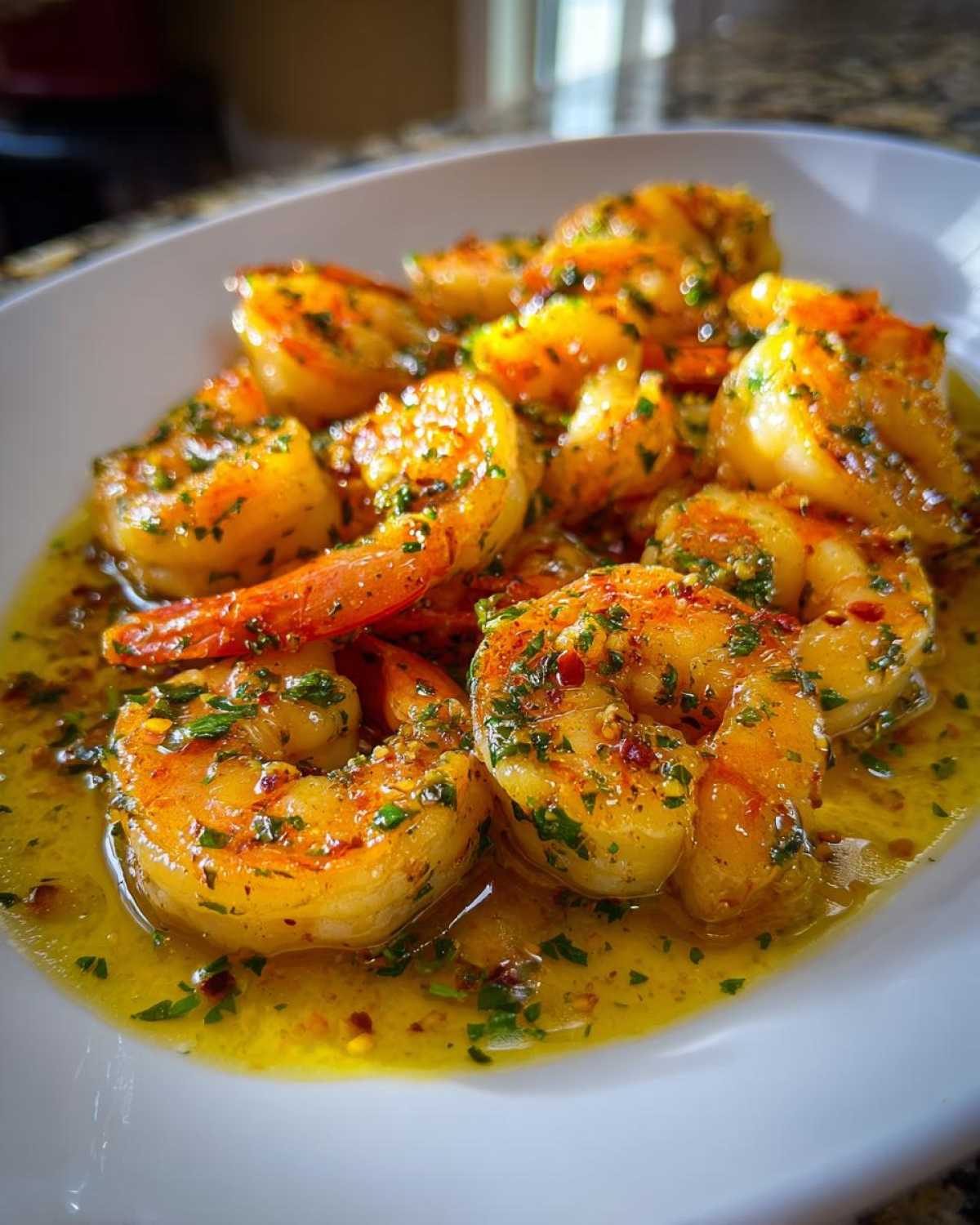 Close-up of succulent Lemon Butter Shrimp with Garlic Flavor coated in a rich, yellow butter sauce with visible parsley and chili flakes.