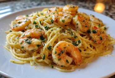 Close-up of Lemon Butter Shrimp Pasta Ready in 20 Minutes, featuring shrimp and parsley on spaghetti.