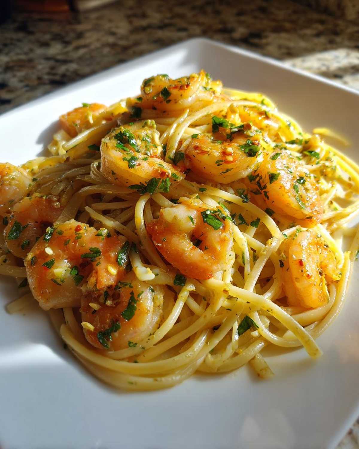 A close-up serving of Lemon Butter Shrimp Pasta Ready in 20 Minutes, topped with plump shrimp and fresh parsley.