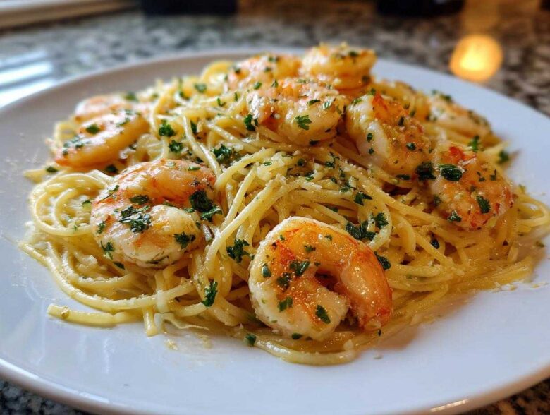 Close-up of Lemon Butter Shrimp Pasta Ready in 20 Minutes, featuring shrimp and parsley on spaghetti.