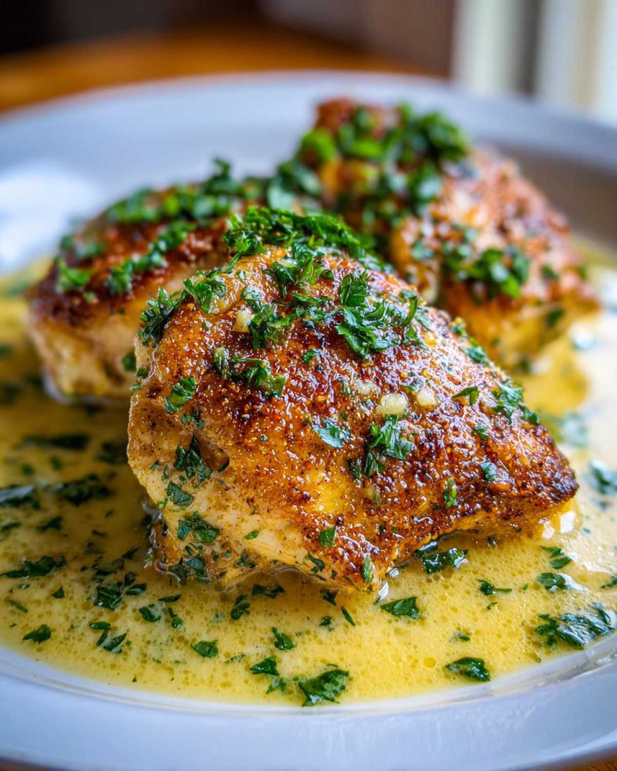 Close-up of seared chicken breasts covered in rich lemon garlic butter sauce and fresh parsley.