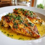 Two golden-brown chicken breasts smothered in lemon garlic butter sauce and fresh parsley.