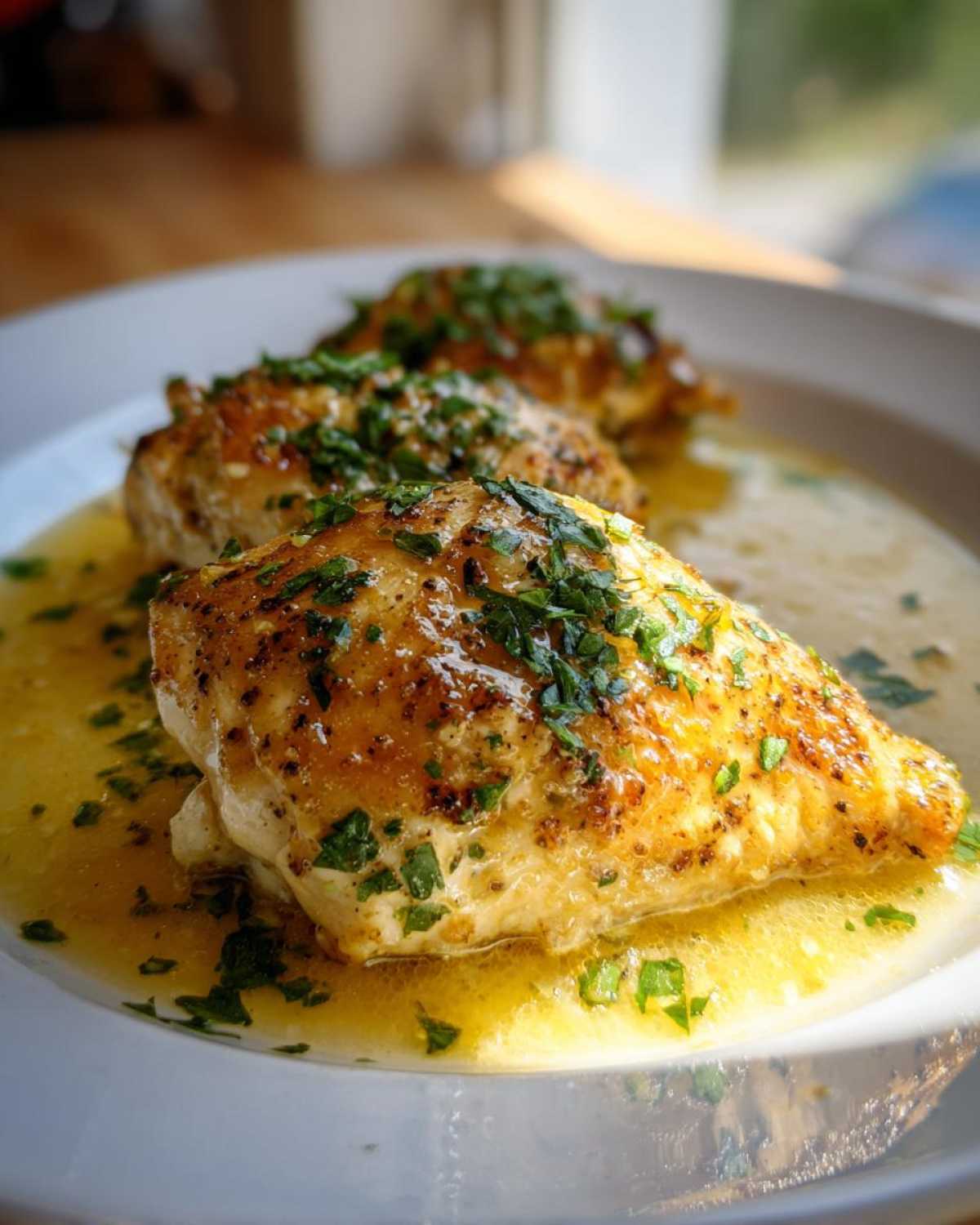 Close-up of three golden-brown chicken breasts covered in lemon garlic butter sauce and fresh parsley.