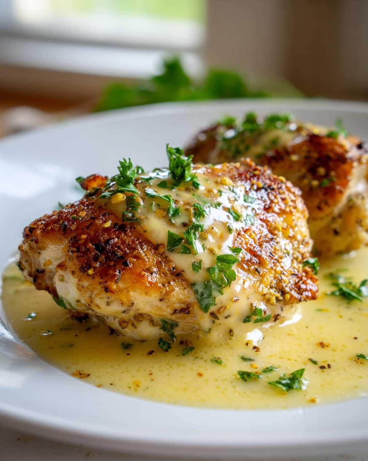 Close-up of seared chicken thigh covered in creamy lemon garlic butter sauce and fresh parsley, key to Lemon Garlic Butter Chicken Easy Skillet.