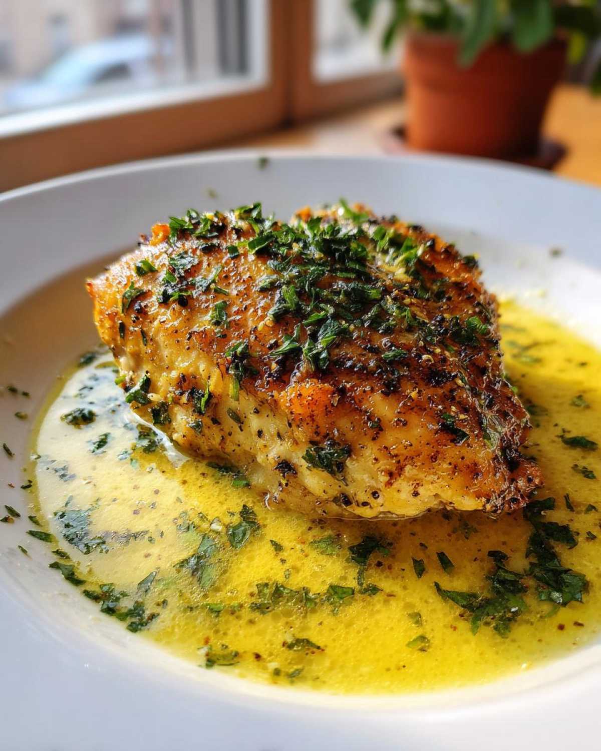 A close-up of a golden-brown Lemon Garlic Butter Chicken Easy Skillet breast swimming in bright yellow butter sauce and topped with fresh parsley.