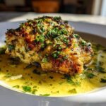 A close-up of a golden-brown piece of Lemon Garlic Butter Chicken Easy Skillet resting in a pool of melted butter sauce and topped with fresh parsley.