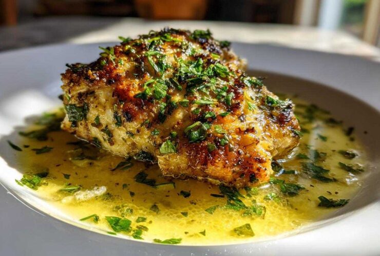 A close-up of a golden-brown piece of Lemon Garlic Butter Chicken Easy Skillet resting in a pool of melted butter sauce and topped with fresh parsley.
