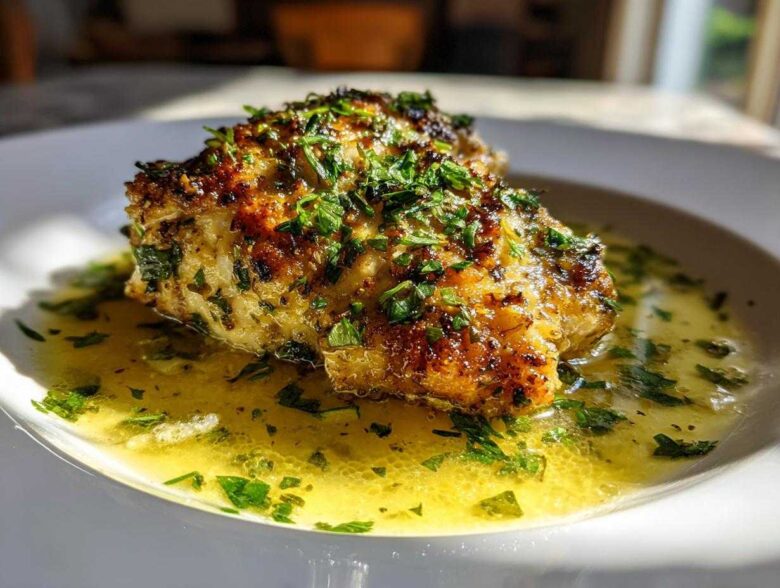 A close-up of a golden-brown piece of Lemon Garlic Butter Chicken Easy Skillet resting in a pool of melted butter sauce and topped with fresh parsley.