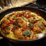 Close-up of seared chicken breasts simmering in a creamy sauce with spinach and sun dried tomatoes: One Pan Tuscan Chicken.