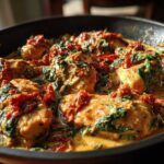 Close-up of One Pan Tuscan Chicken with Sun Dried Tomatoes and spinach simmering in a creamy sauce in a black skillet.