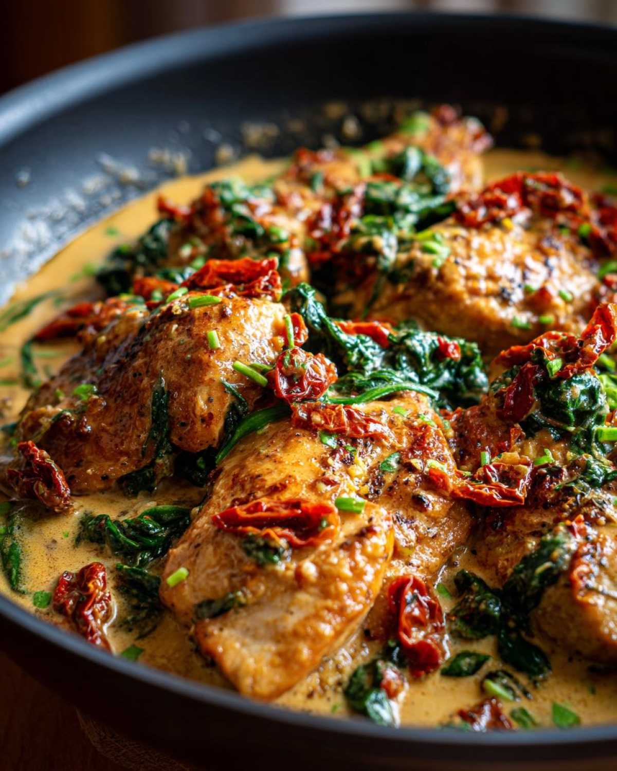 Close-up of seared chicken breasts smothered in a creamy sauce with spinach and sun dried tomatoes, featuring One Pan Tuscan Chicken.