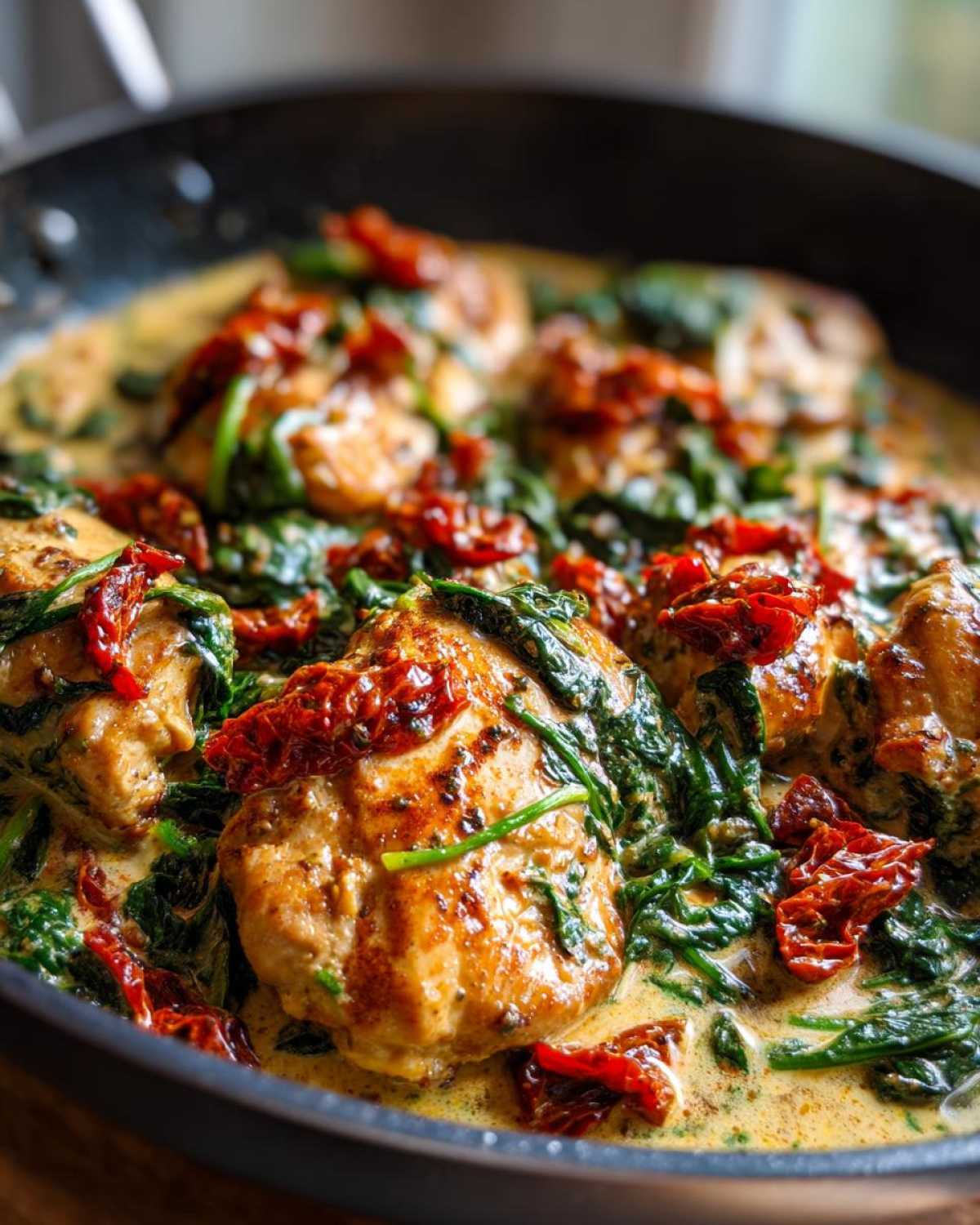 Close-up of seared chicken breasts smothered in a creamy sauce with spinach and sun dried tomatoes, ready for One Pan Tuscan Chicken.
