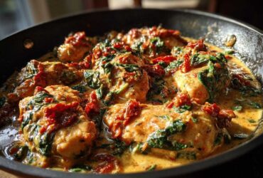 Close-up of One Pan Tuscan Chicken with Sun Dried Tomatoes and spinach simmering in a creamy sauce in a black skillet.