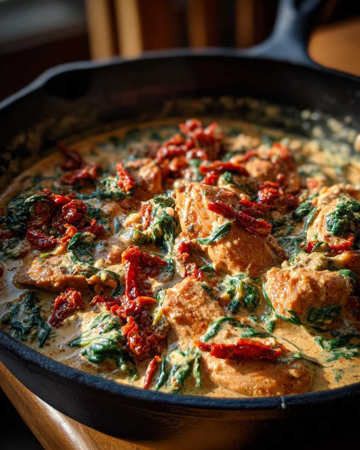 Close-up of One Pan Tuscan Chicken with Sun Dried Tomatoes and spinach in a creamy sauce in a cast iron skillet.