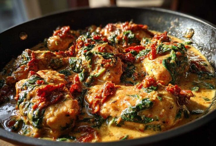 Close-up of One Pan Tuscan Chicken with Sun Dried Tomatoes and spinach simmering in a creamy sauce in a black skillet.