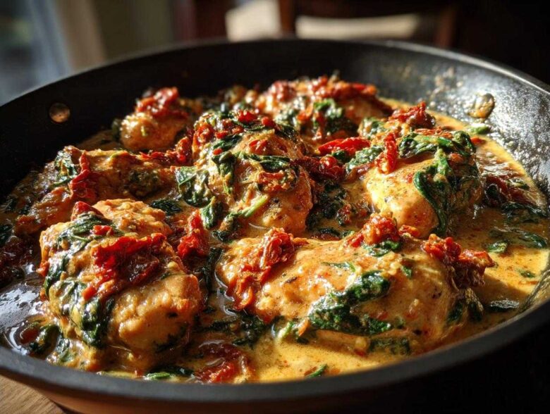 Close-up of One Pan Tuscan Chicken with Sun Dried Tomatoes and spinach simmering in a creamy sauce in a black skillet.