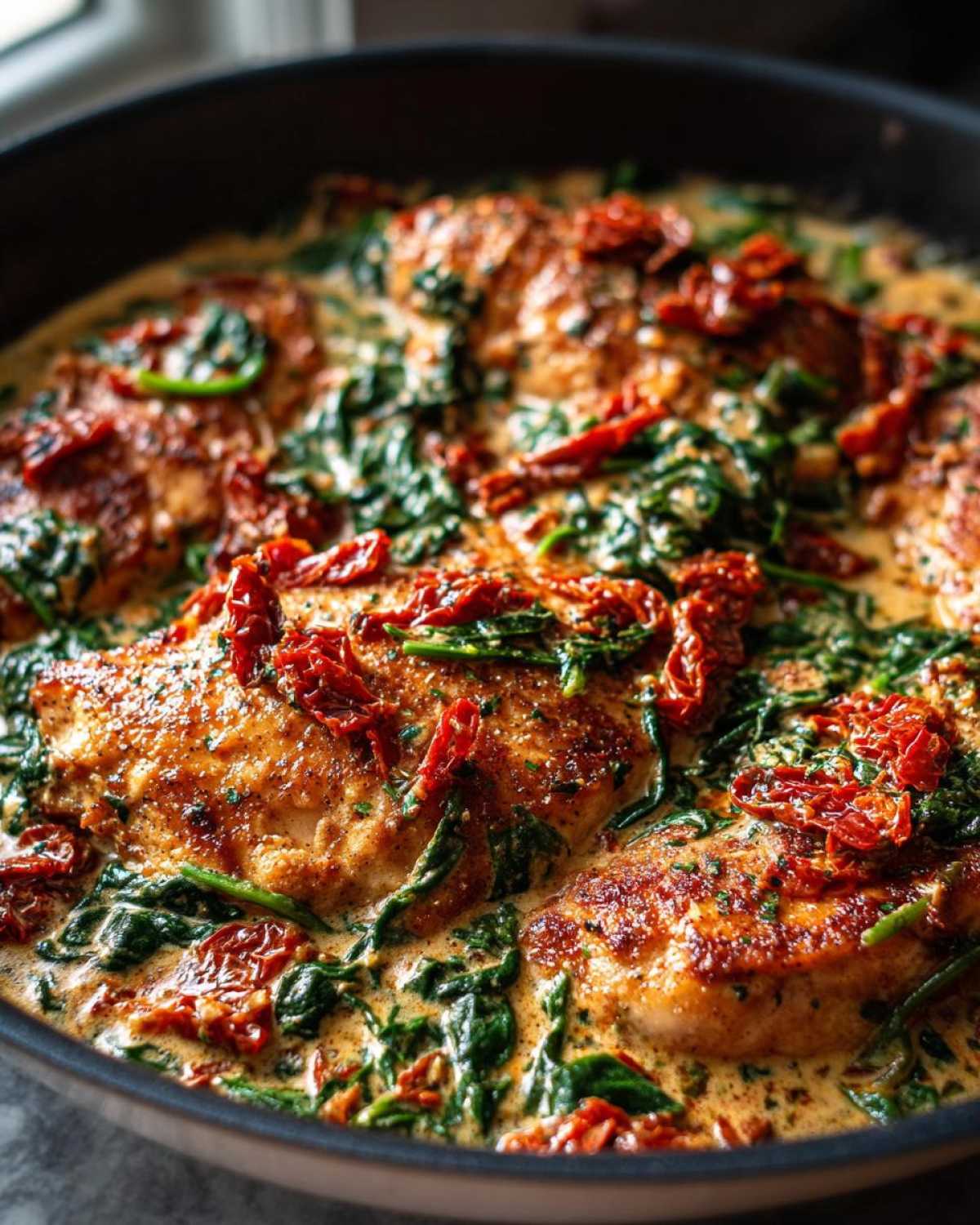 Close-up of browned chicken breasts simmering in a creamy sauce with spinach and sun dried tomatoes in a skillet, featuring One Pan Tuscan Chicken.