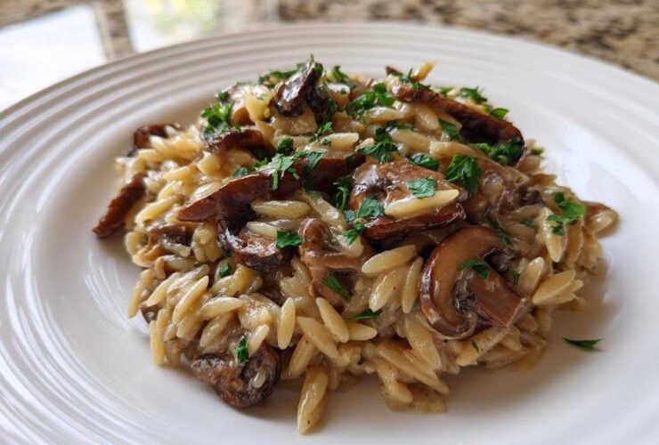 Close-up of a serving of One-Pot Creamy Mushroom Orzo topped with fresh parsley on a white ridged plate.