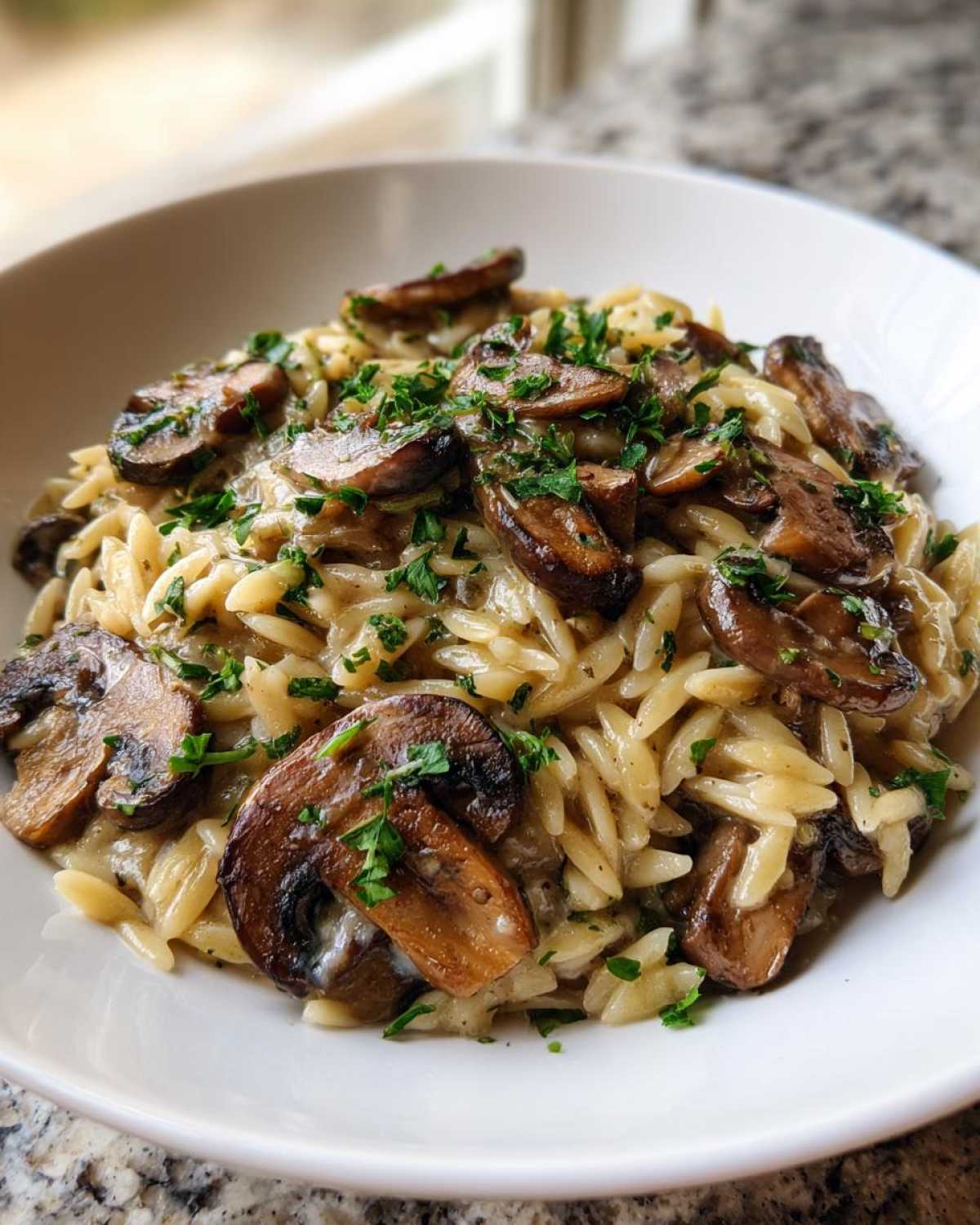 Close-up of a white bowl filled with One-Pot Creamy Mushroom Orzo topped with sautéed mushrooms and fresh parsley.