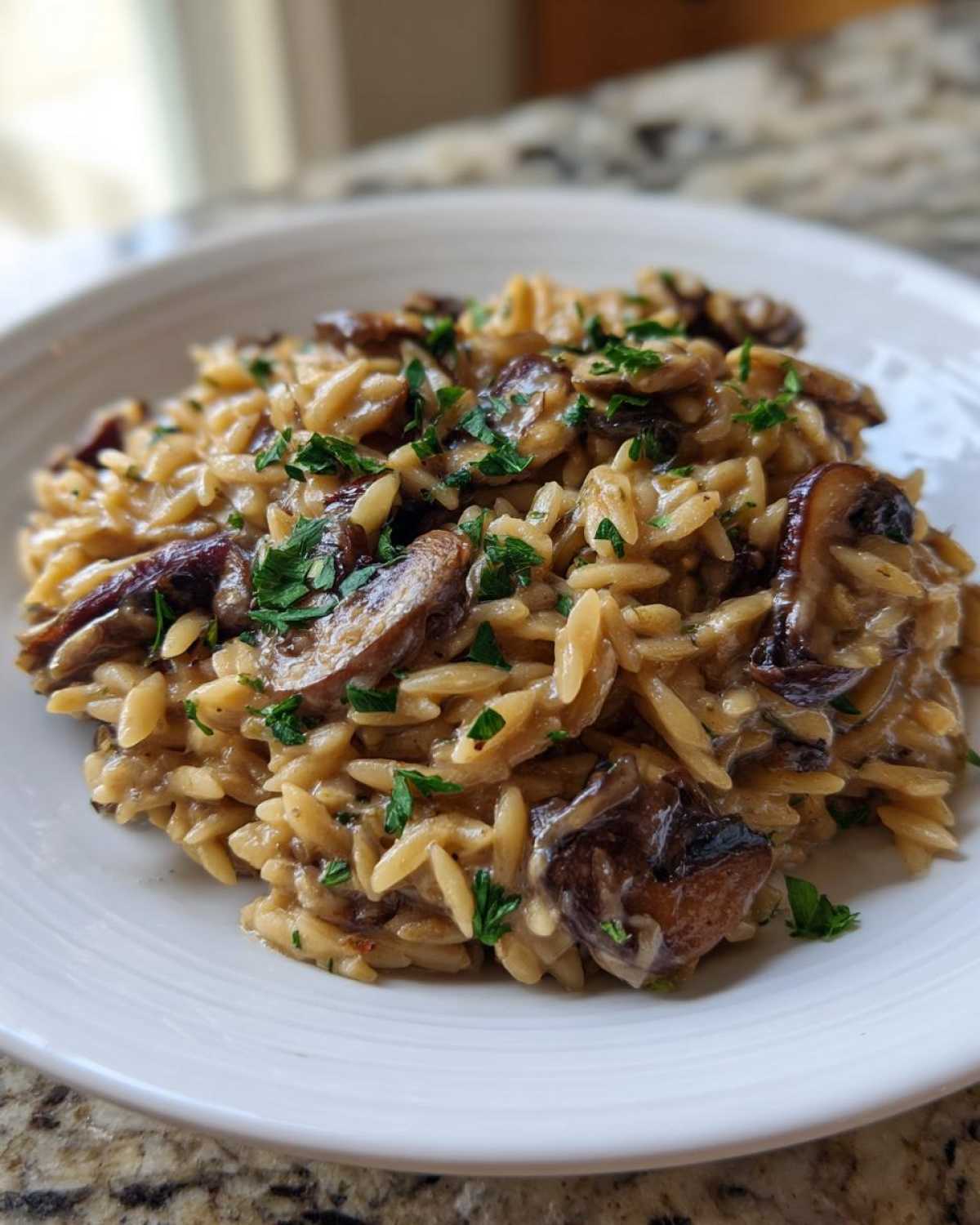 A close-up of a serving of One-Pot Creamy Mushroom Orzo topped with sautéed mushrooms and fresh parsley.