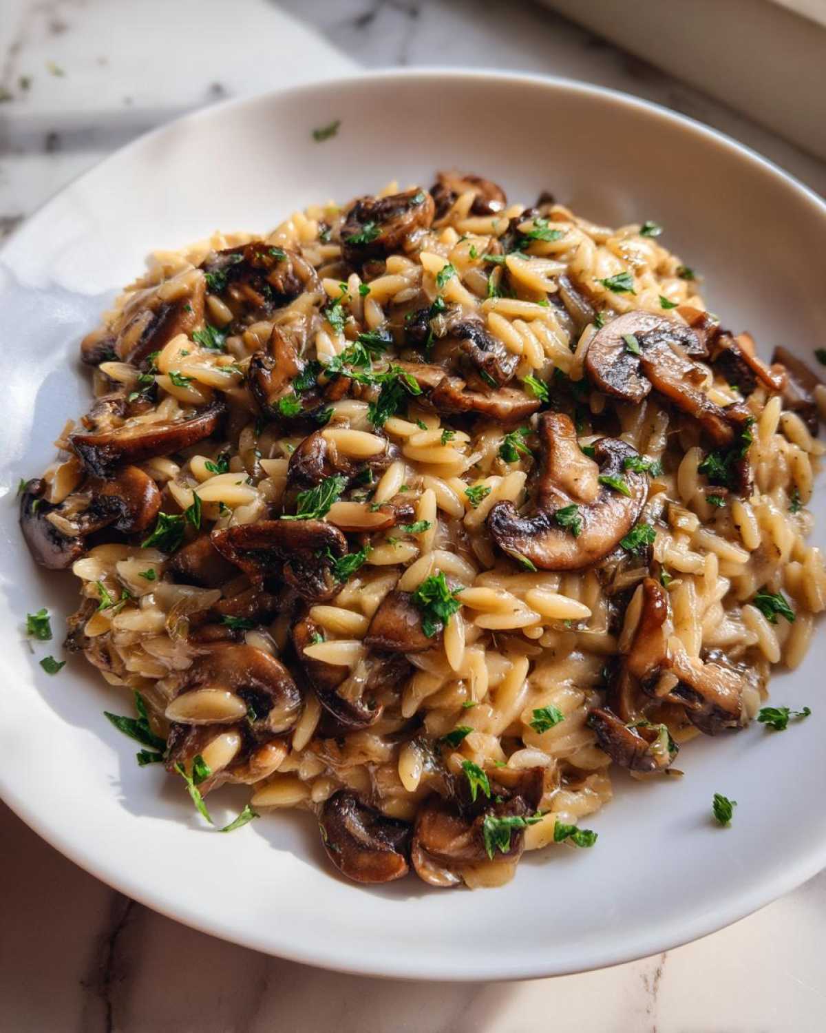 Close-up of a white bowl filled with One-Pot Creamy Mushroom Orzo topped with sautéed mushrooms and fresh parsley.