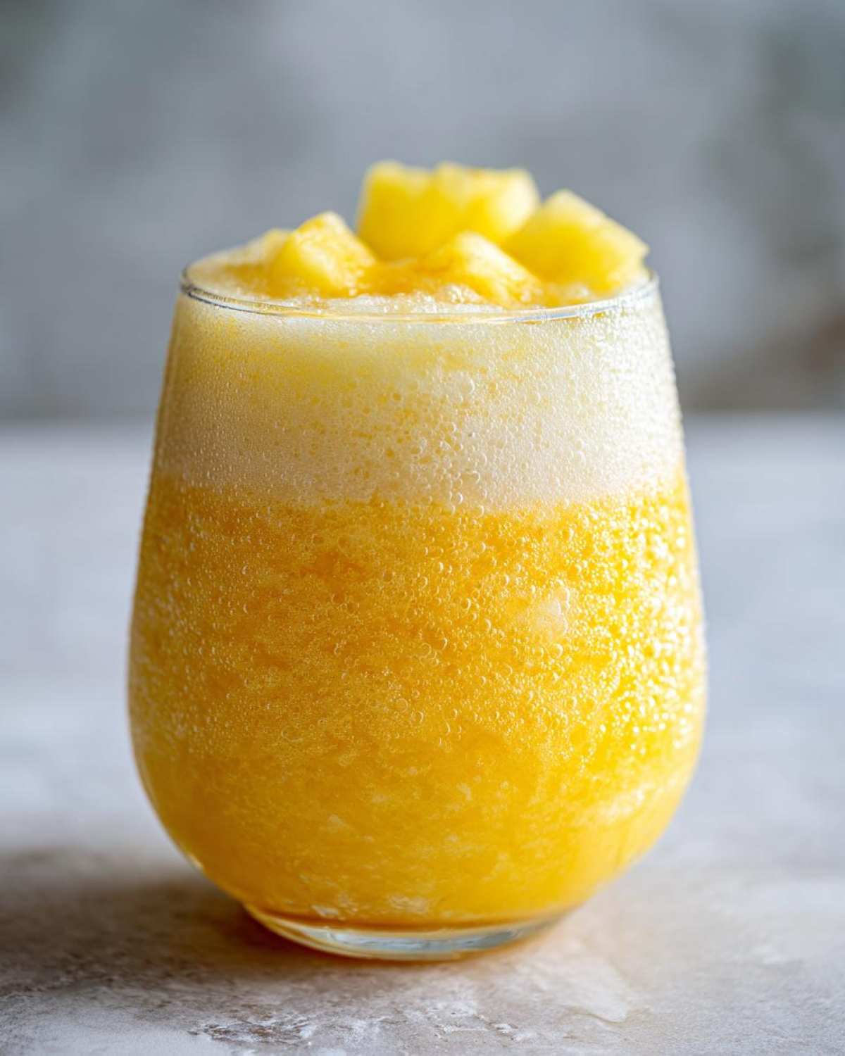 Close-up of a vibrant yellow Pineapple Coconut Smoothie topped with fresh pineapple chunks.